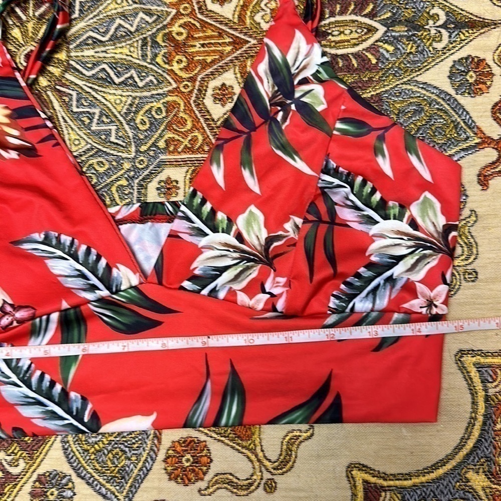 TROPICAL Two Piece Skirt Set Red Size Large Palm Print Lillies Summer - Picture 11 of 16